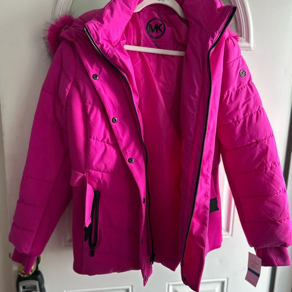 Michael Kors Belted Faux Fur Trim Hooded Puffer Jacket - Hot Pink Size Large